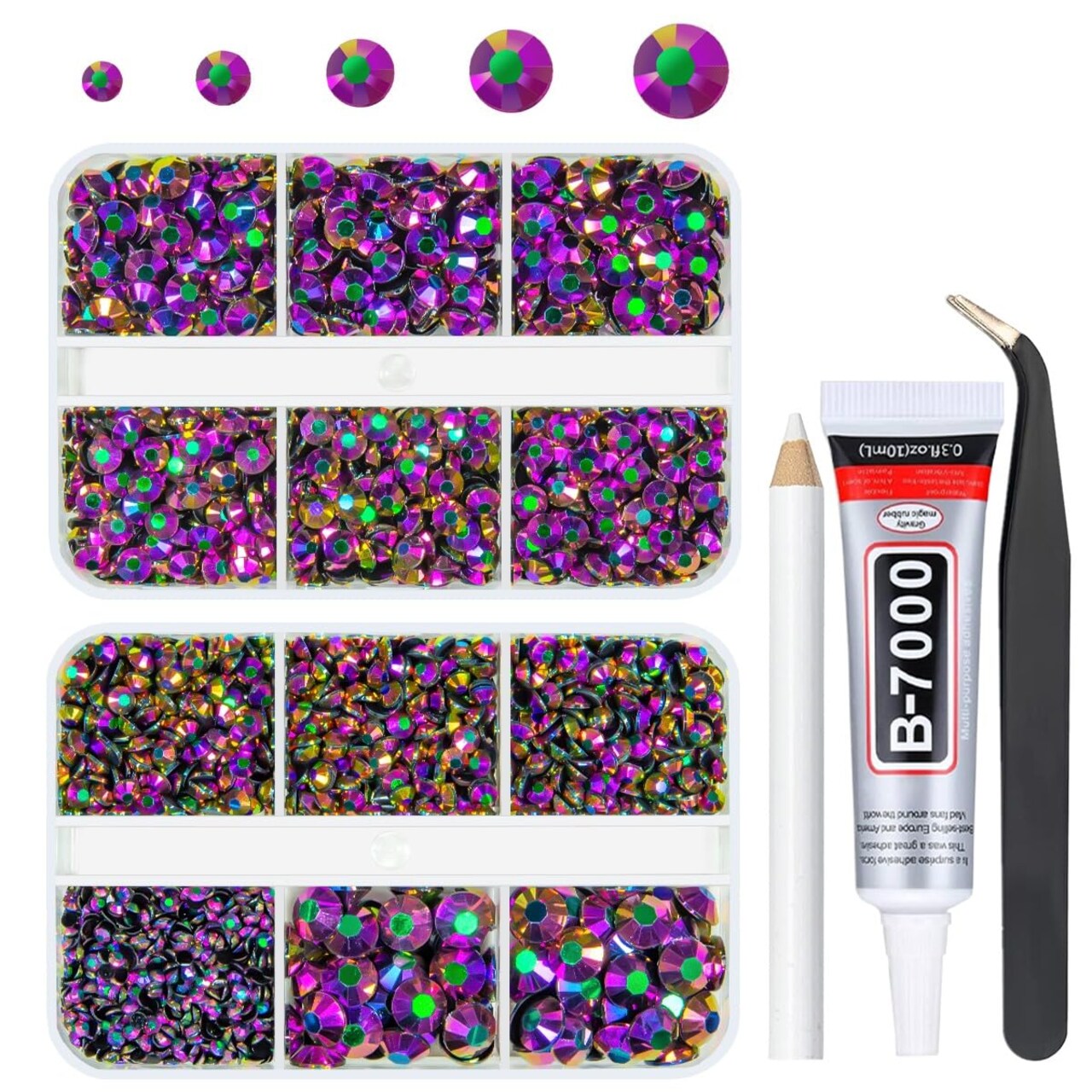 qiipii Purple AB Resin Rhinestones w B7000 Jewelry Glue for Bedazzling Crafting 2mm 3mm 4mm 5mm 6mm Flatback Jelly Stones Gems Diamonds for Face Eyes Makeup Tumblers Bottles DIY Crafts Clothes Shoes